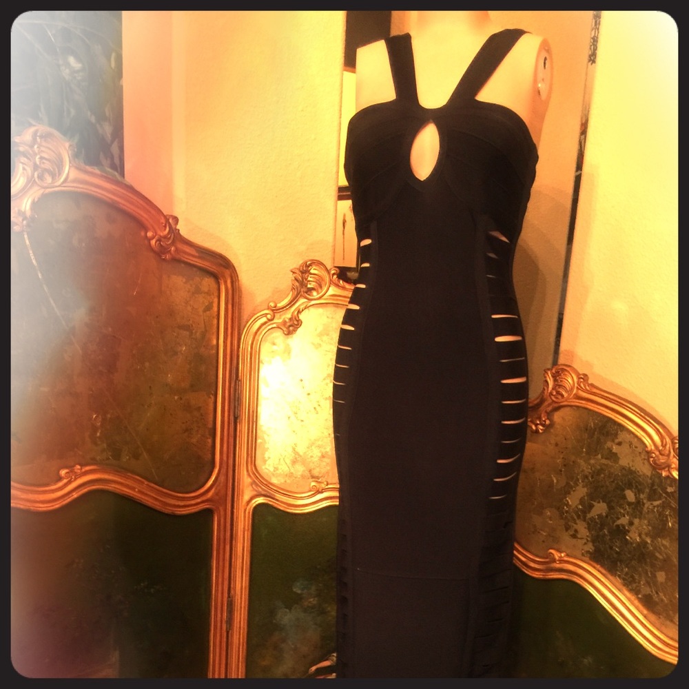 Floor length black bandage dress with slits